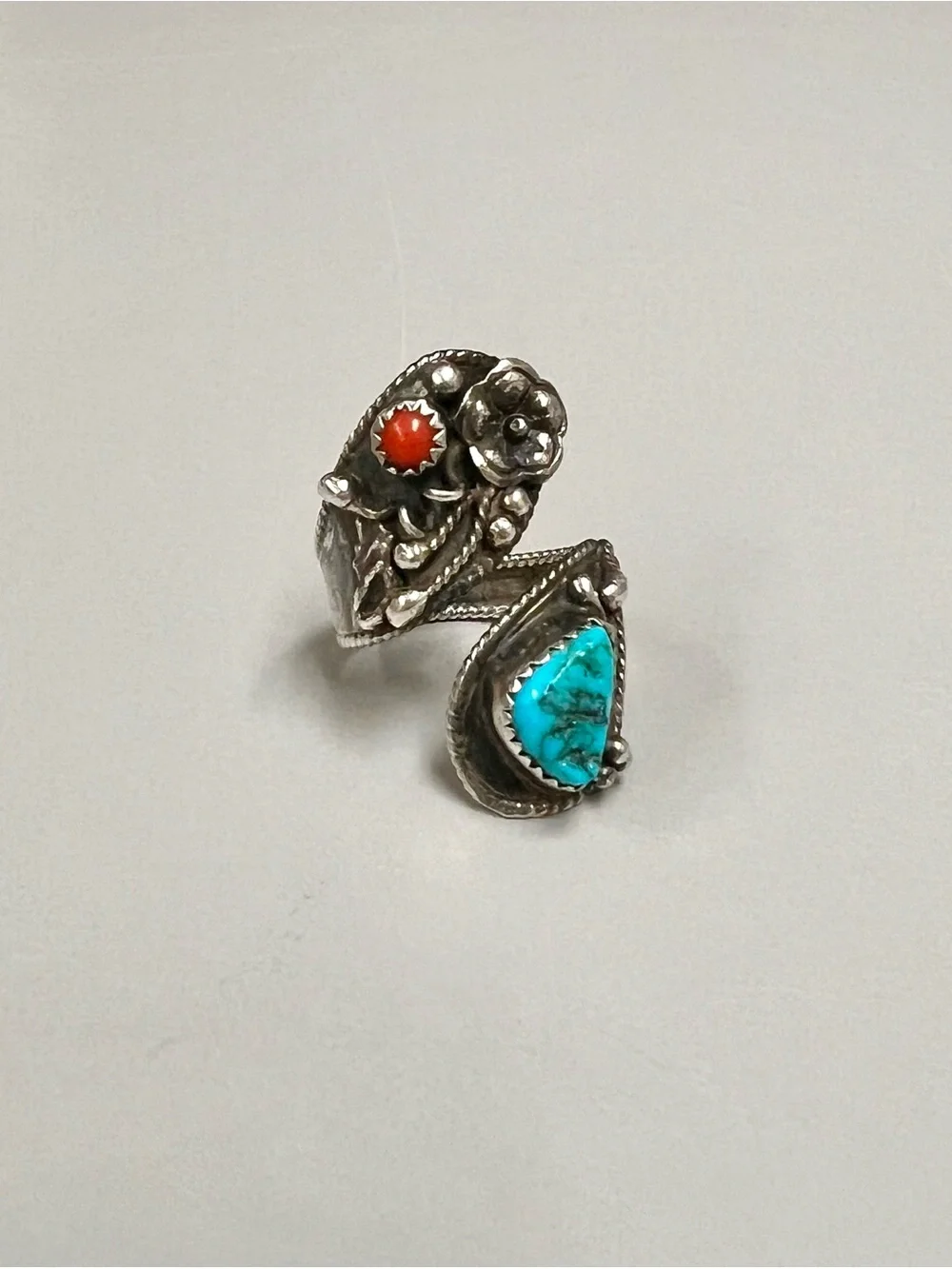 Vintage Sterling Turquoise and Coral Bypass Ring - Women's Jewelry